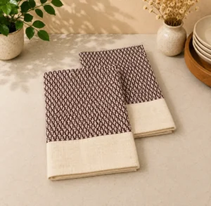Cotton Jacquard Kitchen Towel – Beige & Brown Pattern