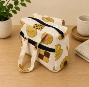 Printed Cotton Lunch Tote Bag with Zipper Closure